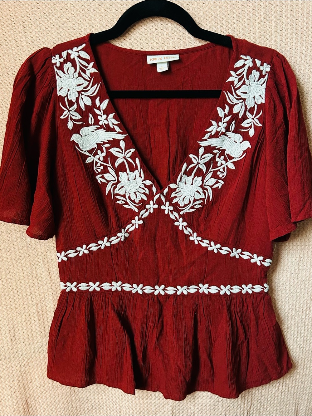 Knox Rose Brick-Red V-Neck Embroidered Peplum Blouse Sz Small